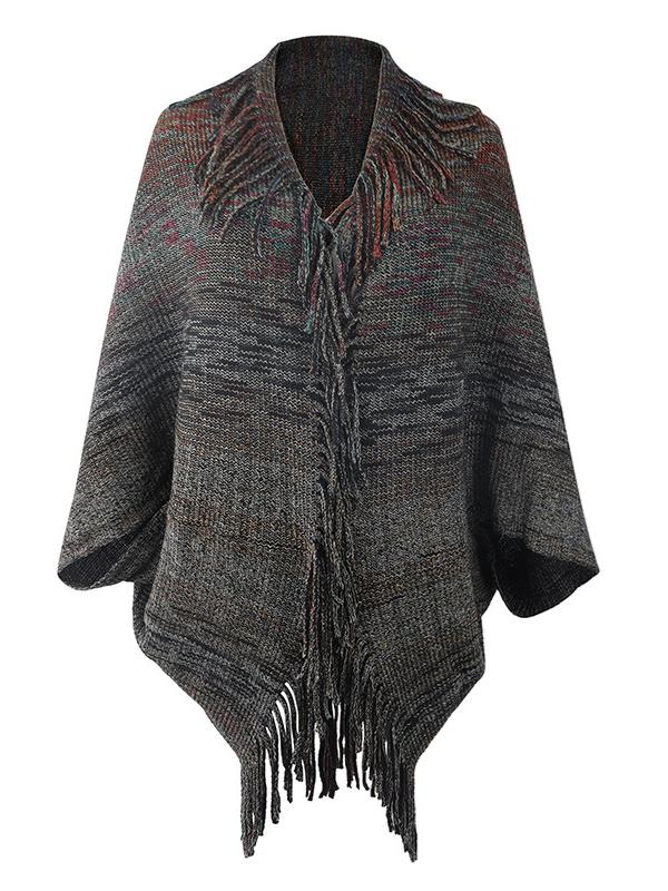 Women's V-neck Long Sleeve Cape Fringe Sweater Top