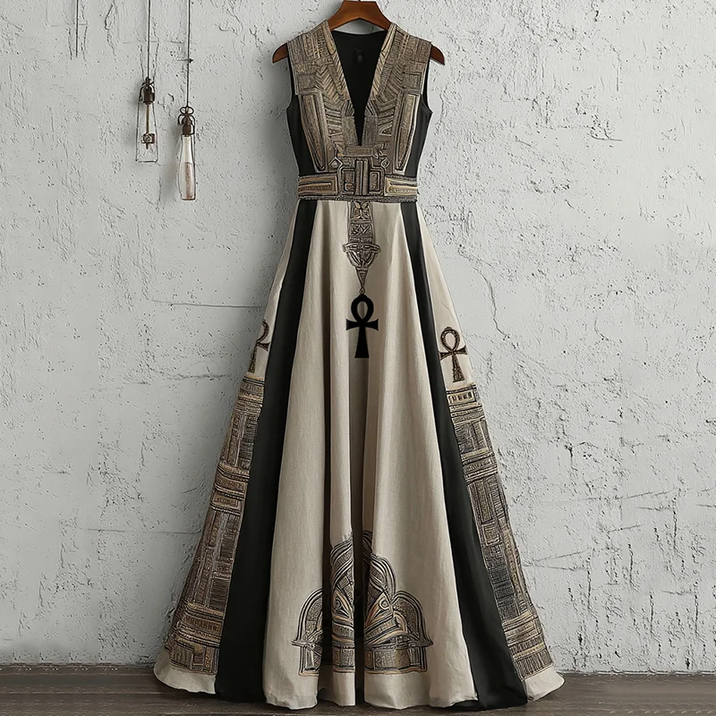 Women's Vintage Egyptian Ankh Symbol Pattern Casual V Neck Maxi Dress