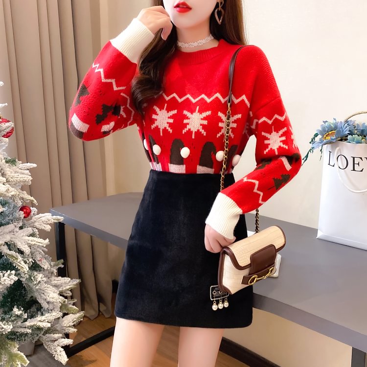 Red Age-Reduction Sweater Thickened Woolen Skirt Sets