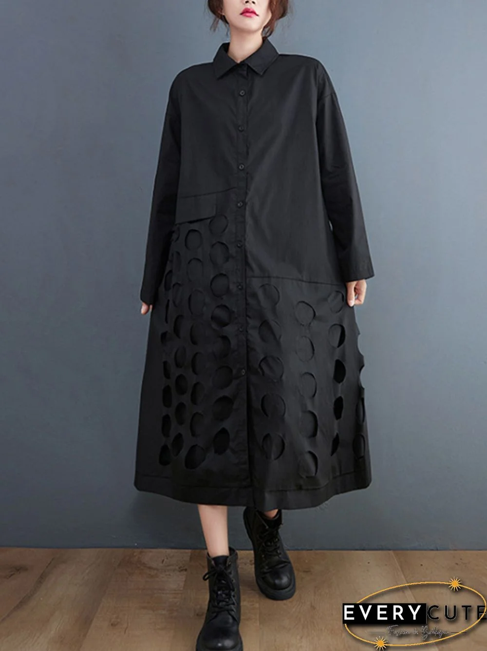 A-Line Long Sleeves Asymmetric Hollow Polka-Dot Solid Color Lapel Midi Dresses