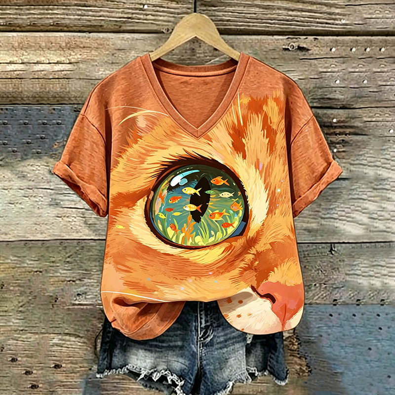 Comstylish Retro Cute Cat And Fish Pattern Casual T-shirt
