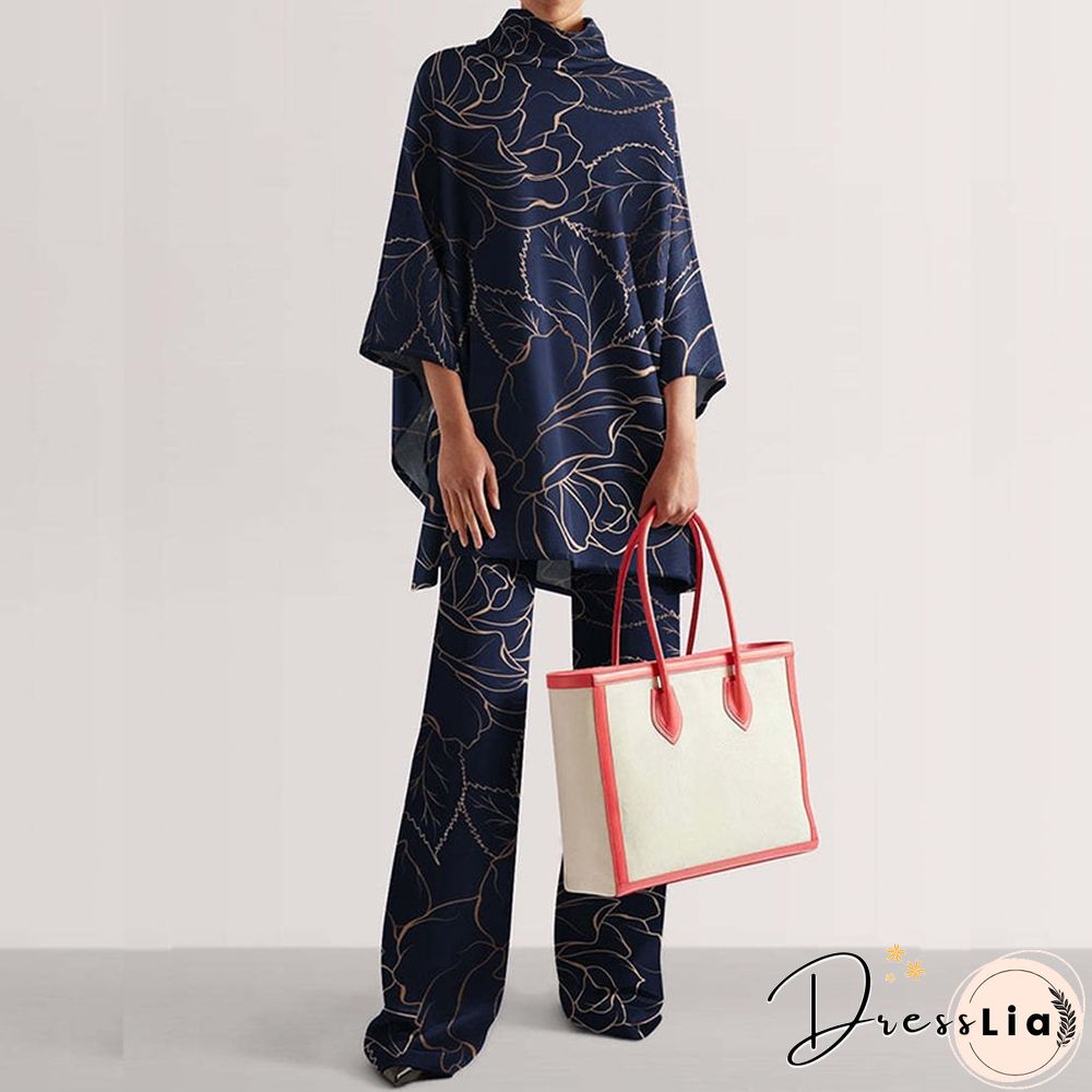 Autumn Women Elegant Printed Loose Outfits Fashion Turtleneck Tops And Long Pants Suits Winter Casual Half Sleeve Two Piece Sets