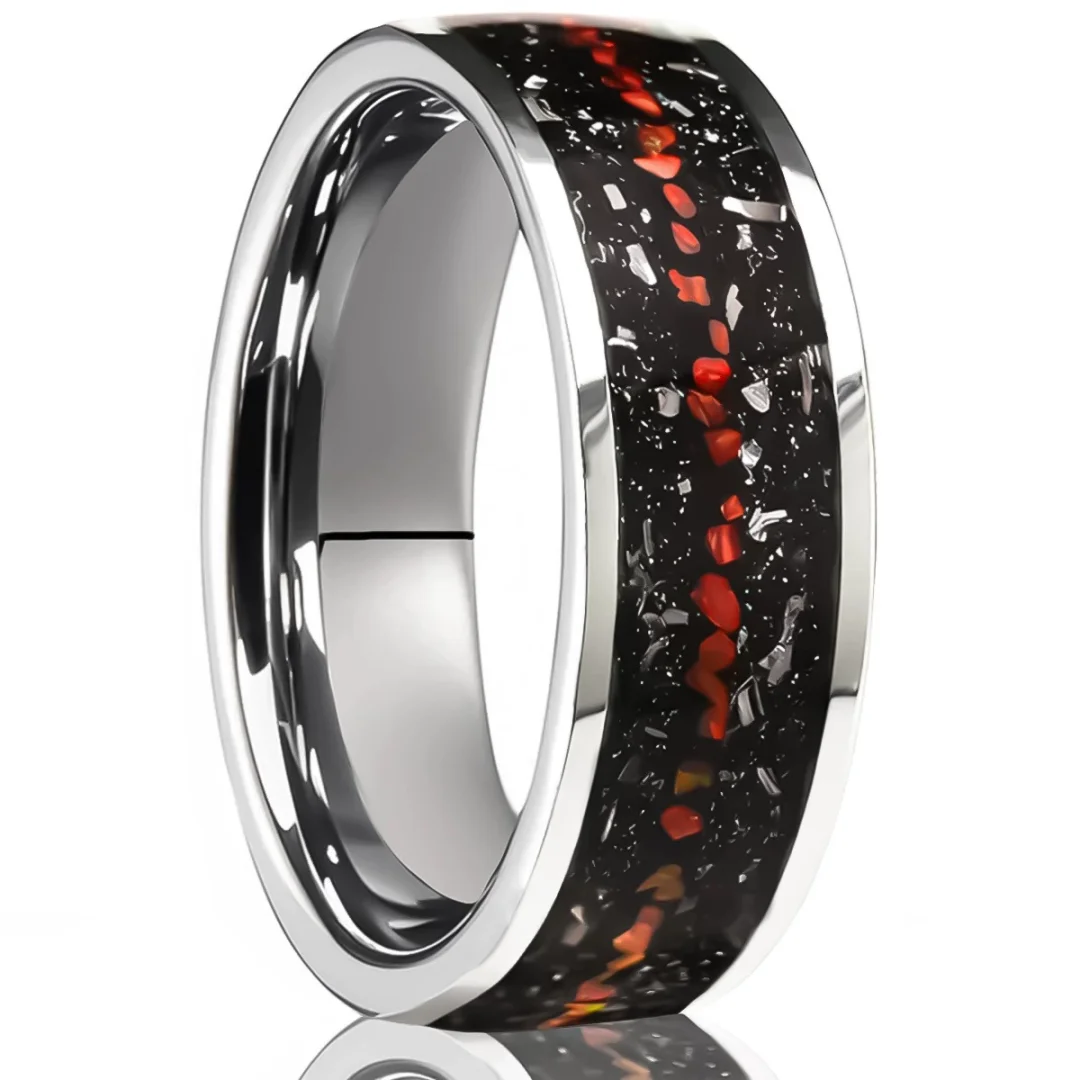 8MM Black Tungsten Carbide Rings Flat-set Meteorite Red Orbale Tungsten Wedding Bands For Women and Men