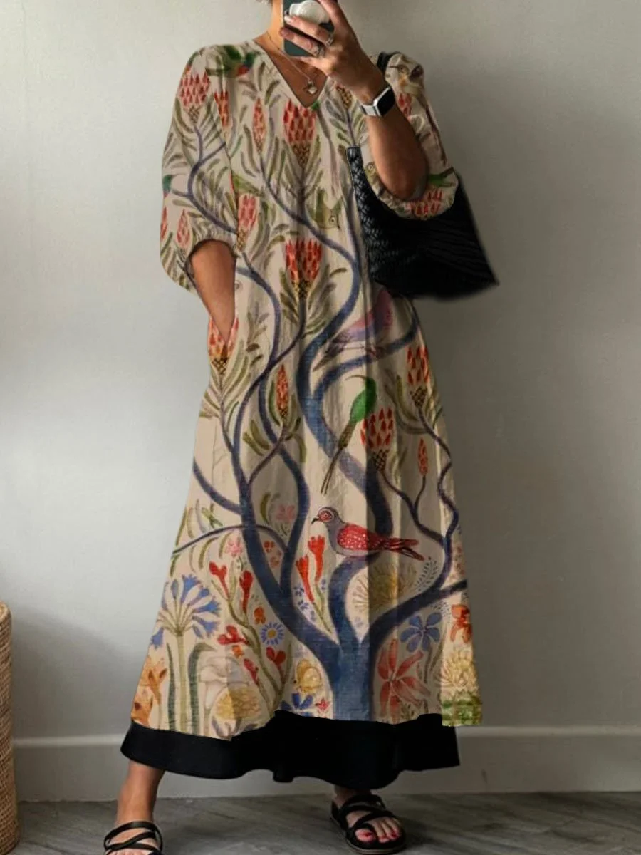 Women's  Retro Floral Print Pocket V-neck Cotton Dress