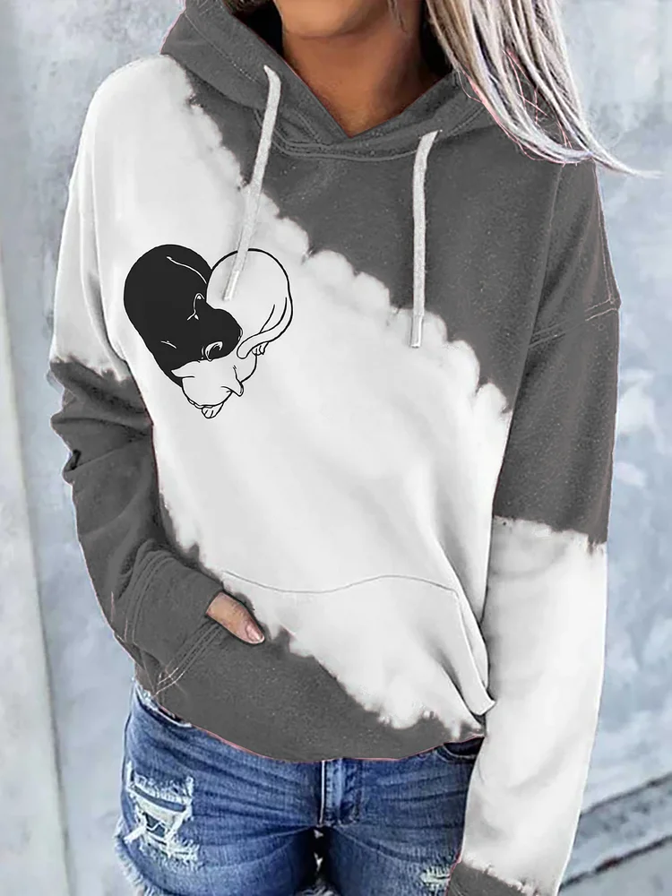 Women's Love Heart Cats Hug Print Casual Hoodie