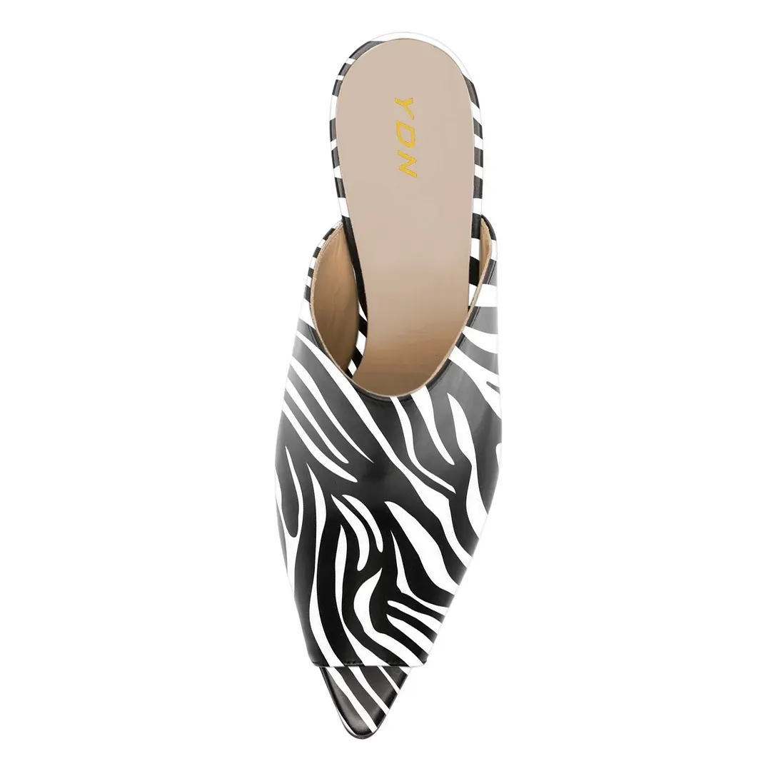 Black & White Peep Toe Stiletto Heel Zebra Print Mule Shoes for Women