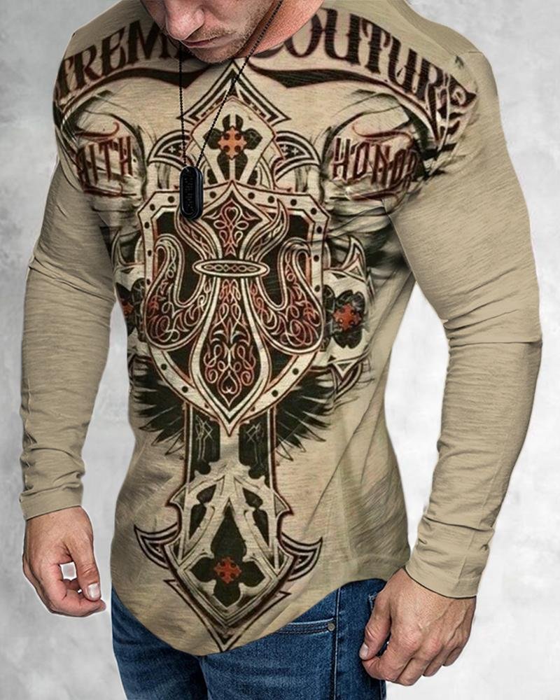Men's Casual Long Sleeved Creative Retro Pattern T-shirt