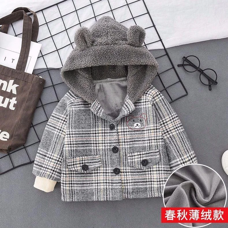 Baby Boy's coat  0-5 years old spring and autumn jacket padded jacket children's Plaid hood jacket Cartoon embroidered bear