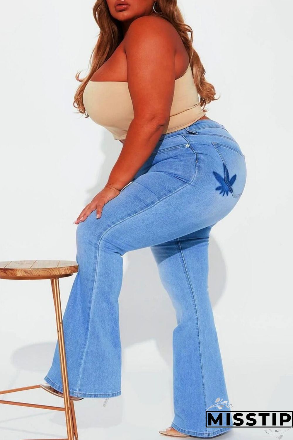 Light Blue Casual Solid Patchwork Plus Size Jeans