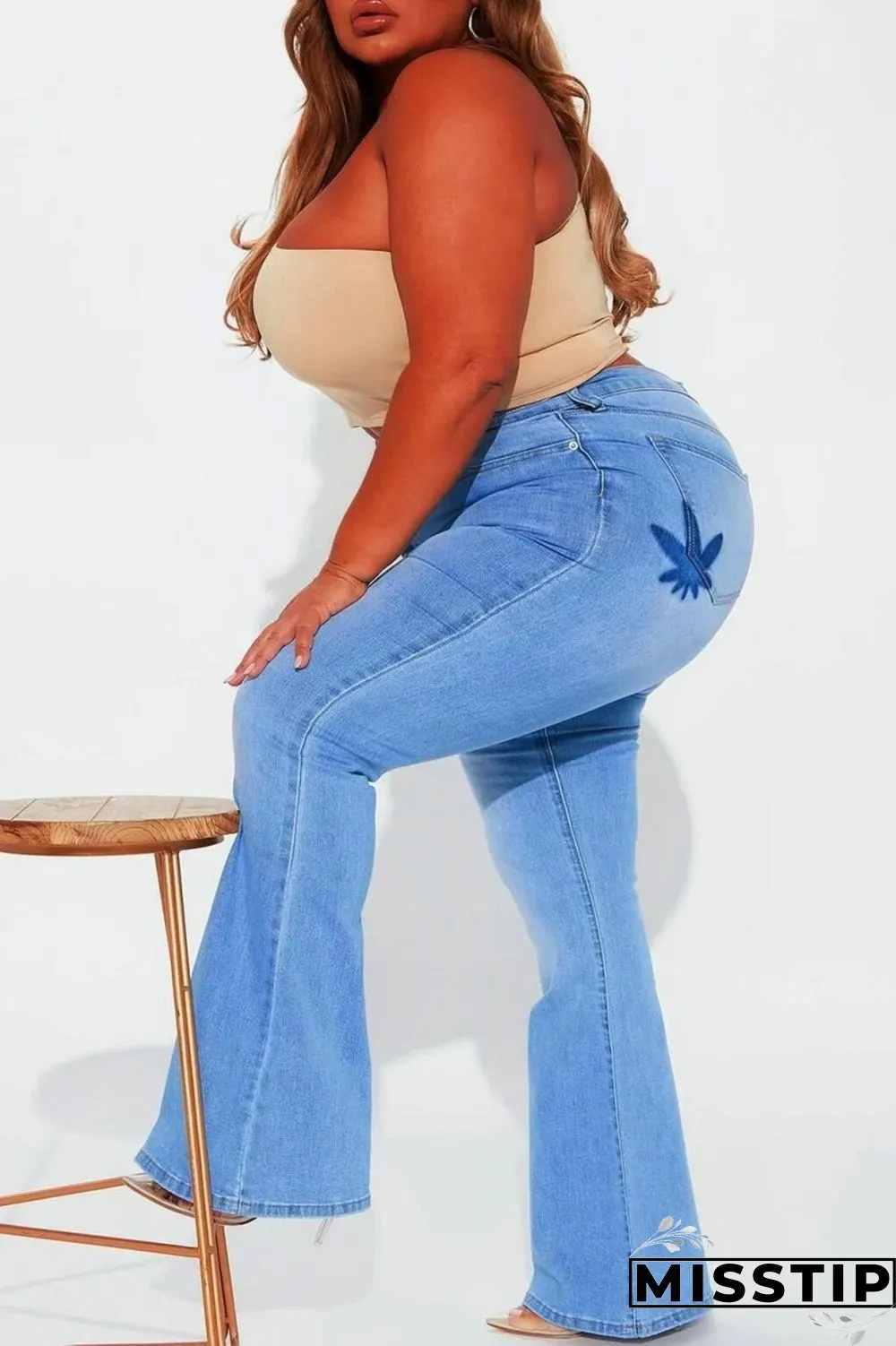 Light Blue Casual Solid Patchwork Plus Size Jeans