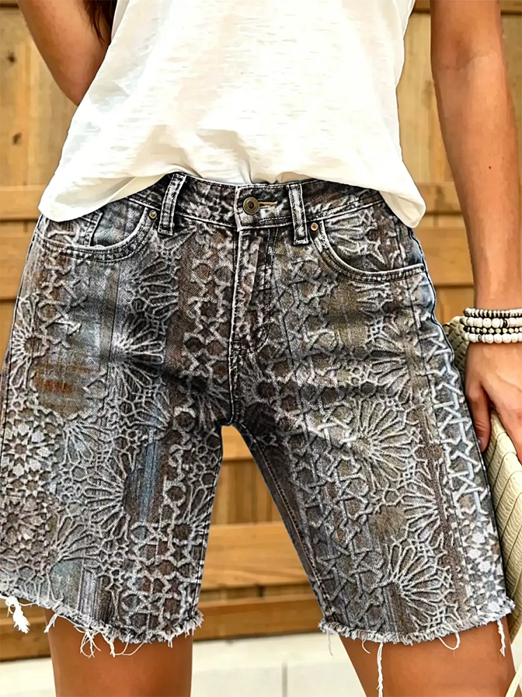 Geometry Texture Flowers Women's Art Print Casual Denim Shorts