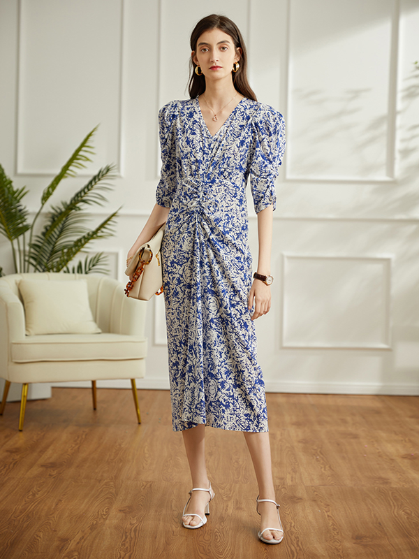 Purple Silk Dress Porcelain Print Puff Sleeve Style