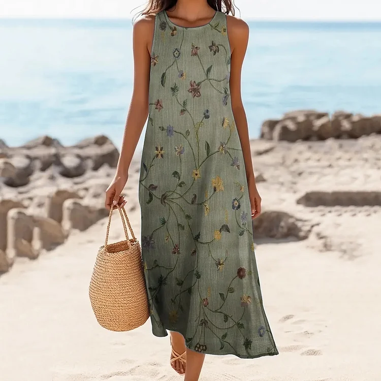VChics Women's Vintage Floral Print Crew Neck Linen Blend Midi Dress