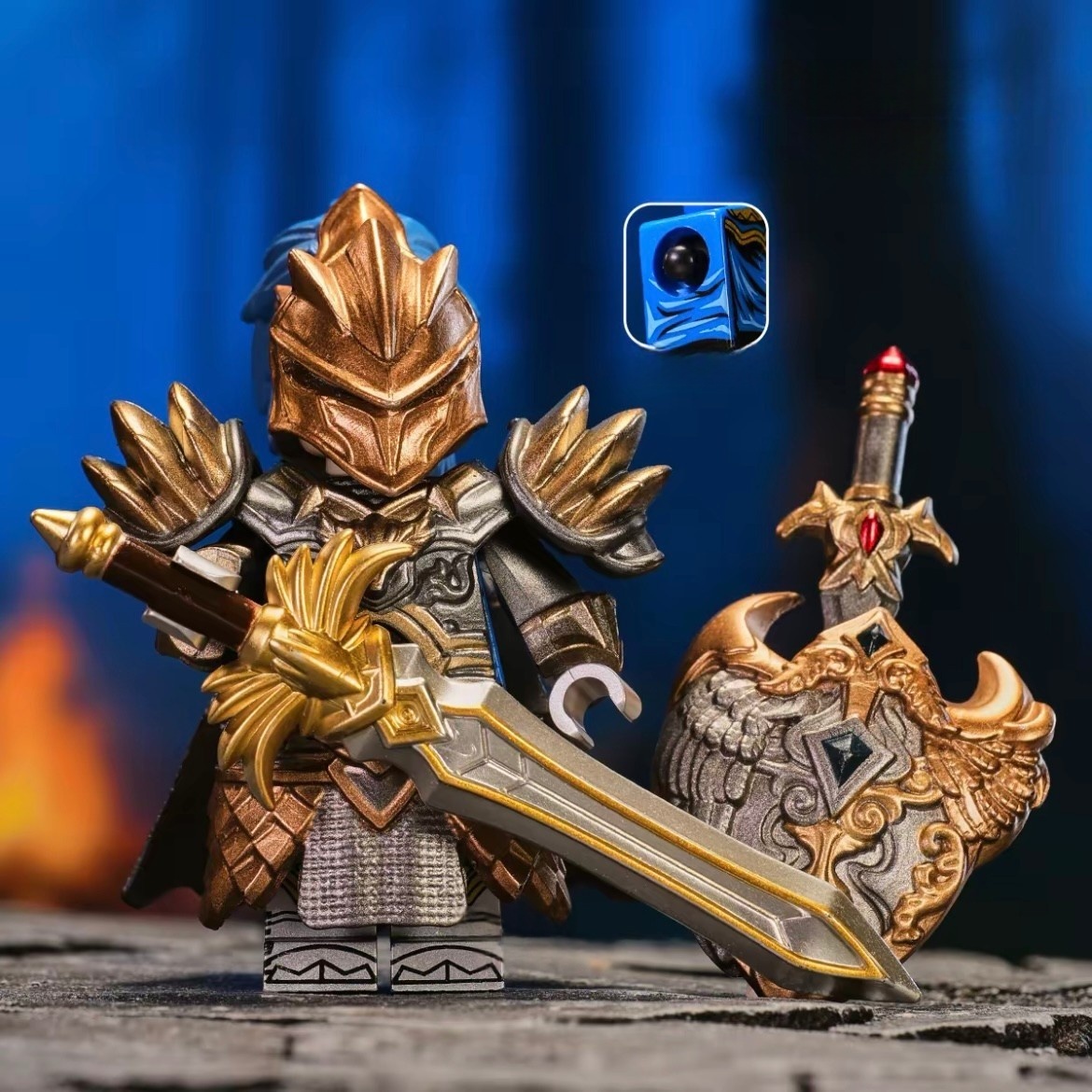 Minifigure World Round Table Knight Sir Kay Minifigure with Ornate Dual Swords & Golden Armor