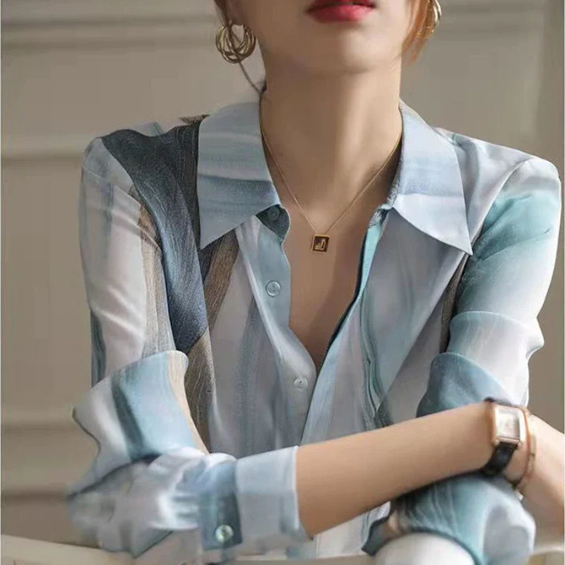 Jangj Summer Striped Color Panel Elegant Chiffon Shirt 2022 Korean Style Casual Blouse OL Professional Style Shirt for Female