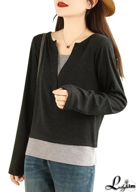 Black Patchwork Versatile Cotton T Shirts V Neck False Two Pieces Fall