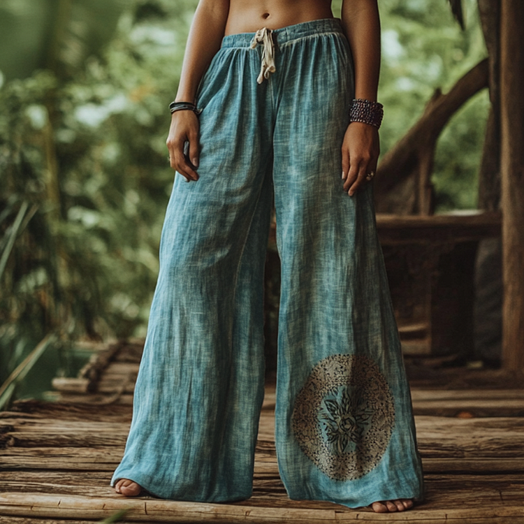 Bohemian Holiday Style Retro Linen Floral Ethnic Totem Print Casual Pants