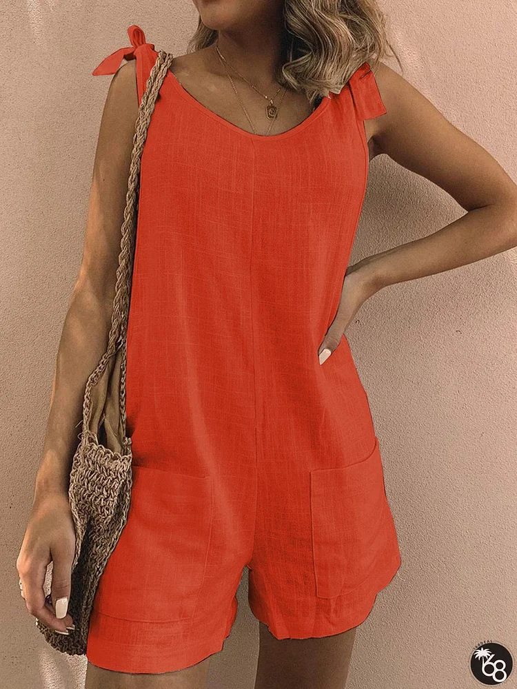 Pockets Sleeveless Casual Linen Rompers | 168DEAL