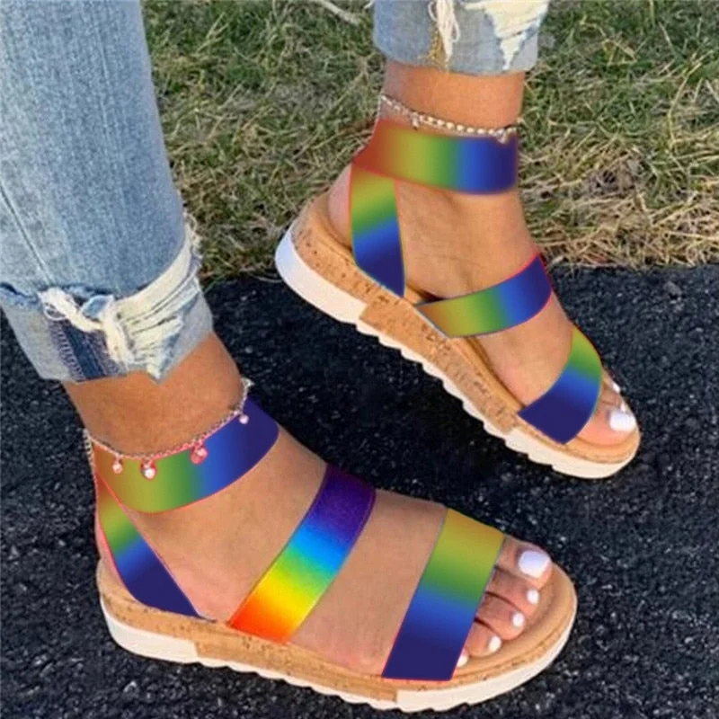 Wholesale Women Summer Sandals Plus Size 43 Multi Color Platform Sandals Rainbow Wedges Heel Casual Beach Shoes For Dropshipping