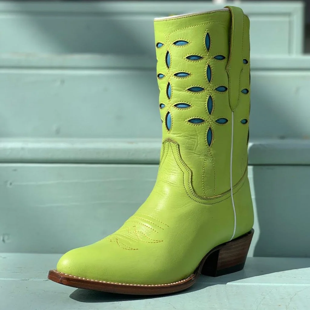 Qengg Ankle Western women's Boots 2022 Chunky Heel Brand Embroidery Slip On Cowgirls Ridding Work Boots Casual Green Shoes
