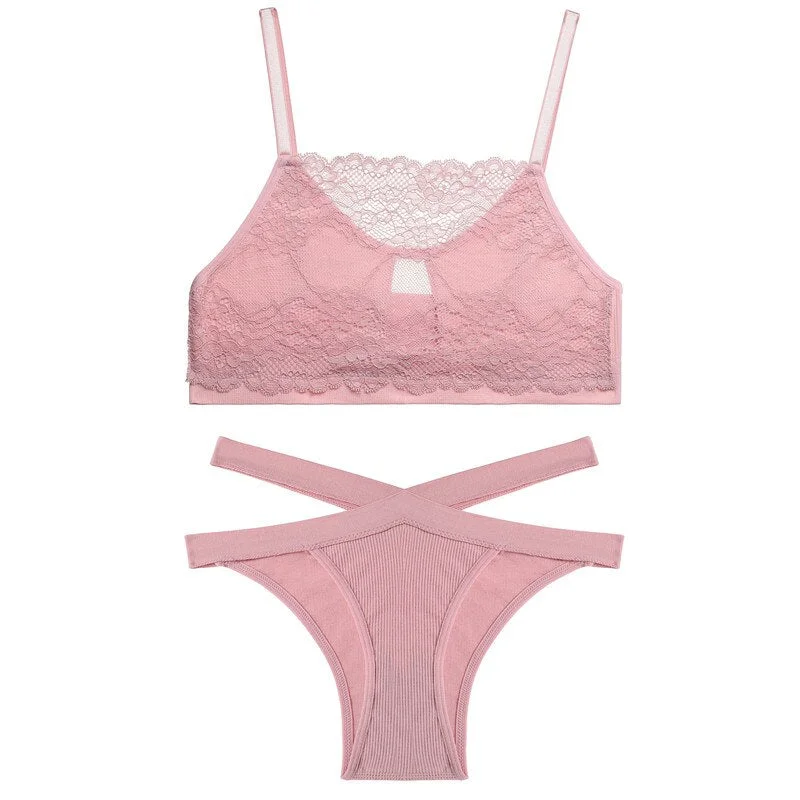 FINETOO Women Lace Bra Set Sexy Hollow Out Underwear Suit M-XL Ladies Seamless Bras Set Soft Tops Low Waist Panties Lingerie Set
