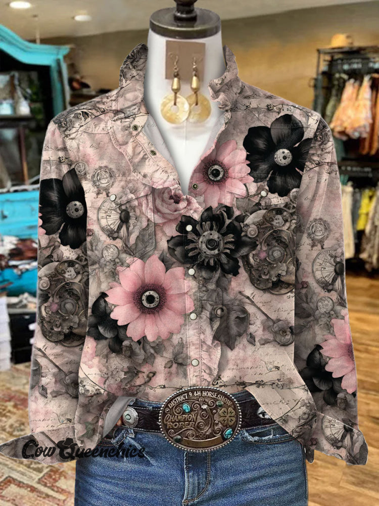 Women’s Vintage Print Casual Long Sleeve Comfortable Cotton Shirt Multicolor / S