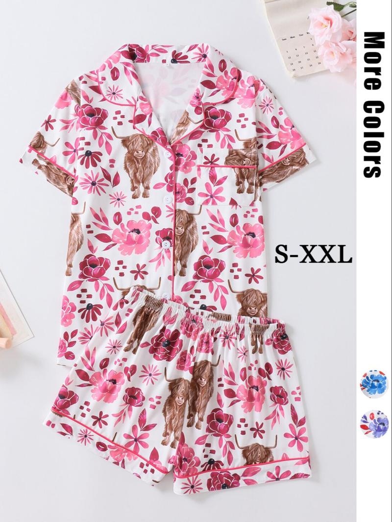 Women's Floral & Cow Print Top & Shorts Pajama Two-piece Set, Casual Comfy Short Sleeve Top & Shorts Pajama Set, Ladies Sleepwear for Summer, Womenswear