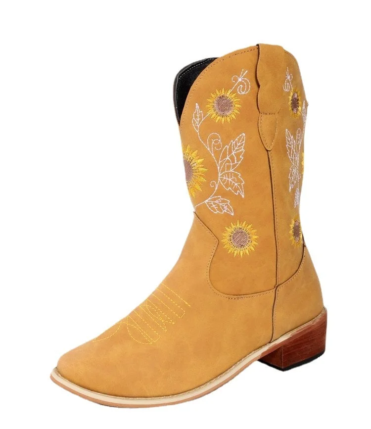 Women's Boots Sunflower Embroidery Rider Boots Cowboy Boots