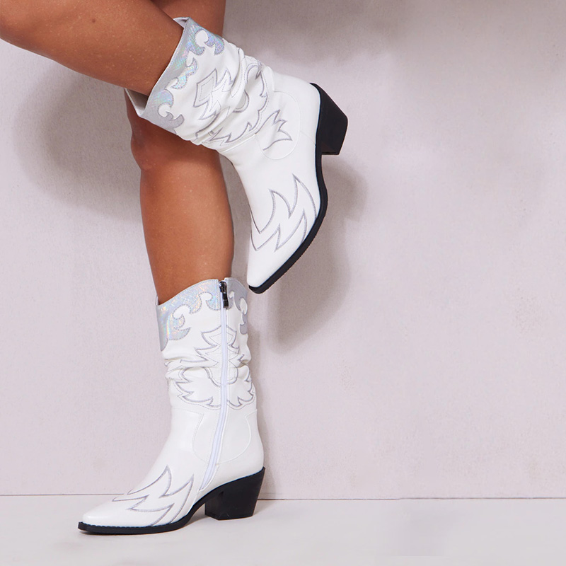 White Pointed Toe Block Heel Mid-Calf Slouch Western Boots for Women