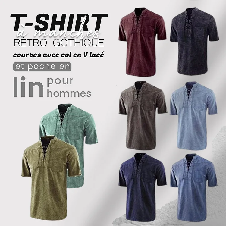 T-shirt rétro gothique à manches courtes avec col en V lacé et poche en lin pour hommes