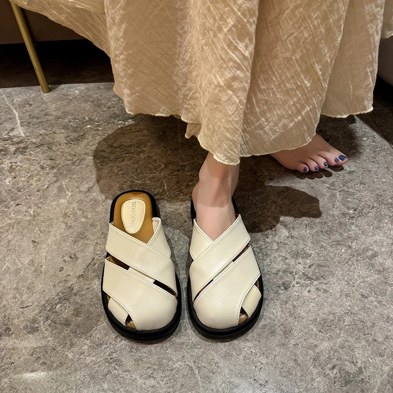 Yyvonne Bag Head Half Slippers Women Wear 2025 New Flat Bottom One Foot Lazy Pregnant Women High-Level Cold Slippers