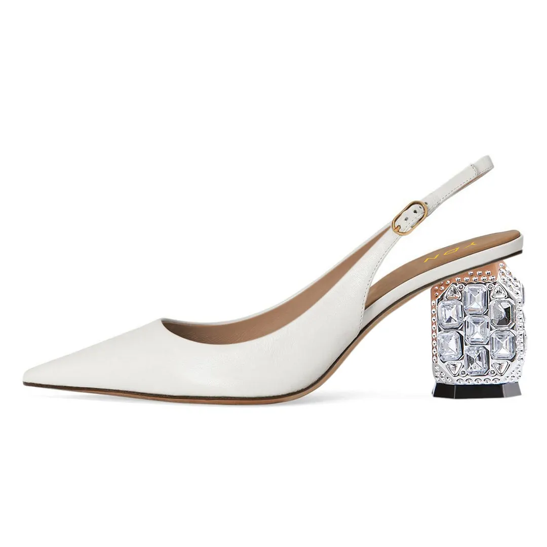 White Crystal Sculptural Heel Slingback Pumps Shoes with Pointed Toe