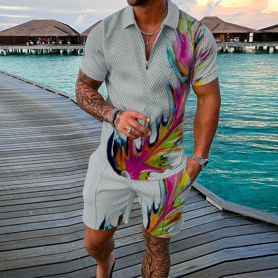 Vintage Print Zip Short Sleeve Lapel Set