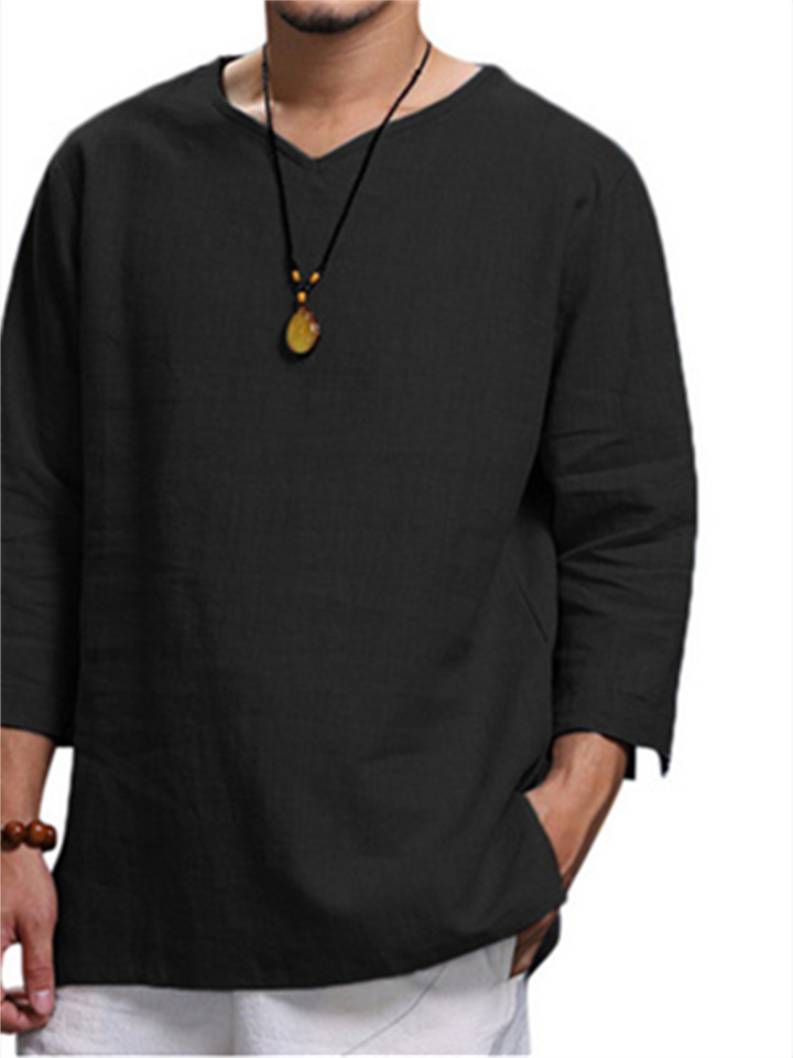 New Solid Color Fashion Pointed Collar Top Casual Men's Set Head Seven-point Sleeve Long-sleeved V-neck Cotton Linen Loose Wear Shirts
