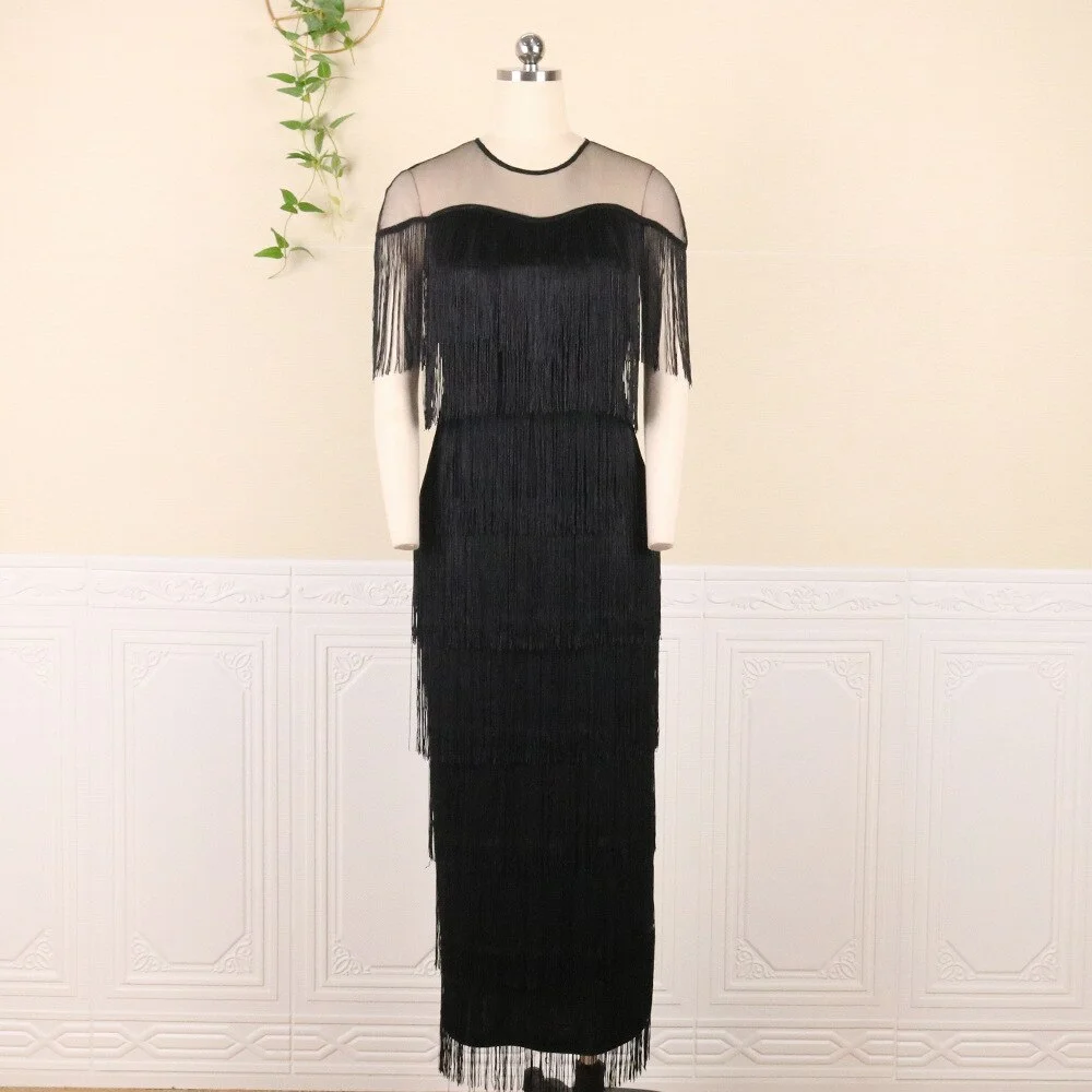 Mesh Tassel Prom Slit Dress Luxury Long Women Elegant See Through Night Club Evening Gowns Party  Bodycon Maxi Dresses