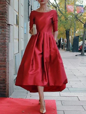 Image of A-Line Loose Pleated Pockets Solid Color Split-Joint Round-Neck Midi Dresses