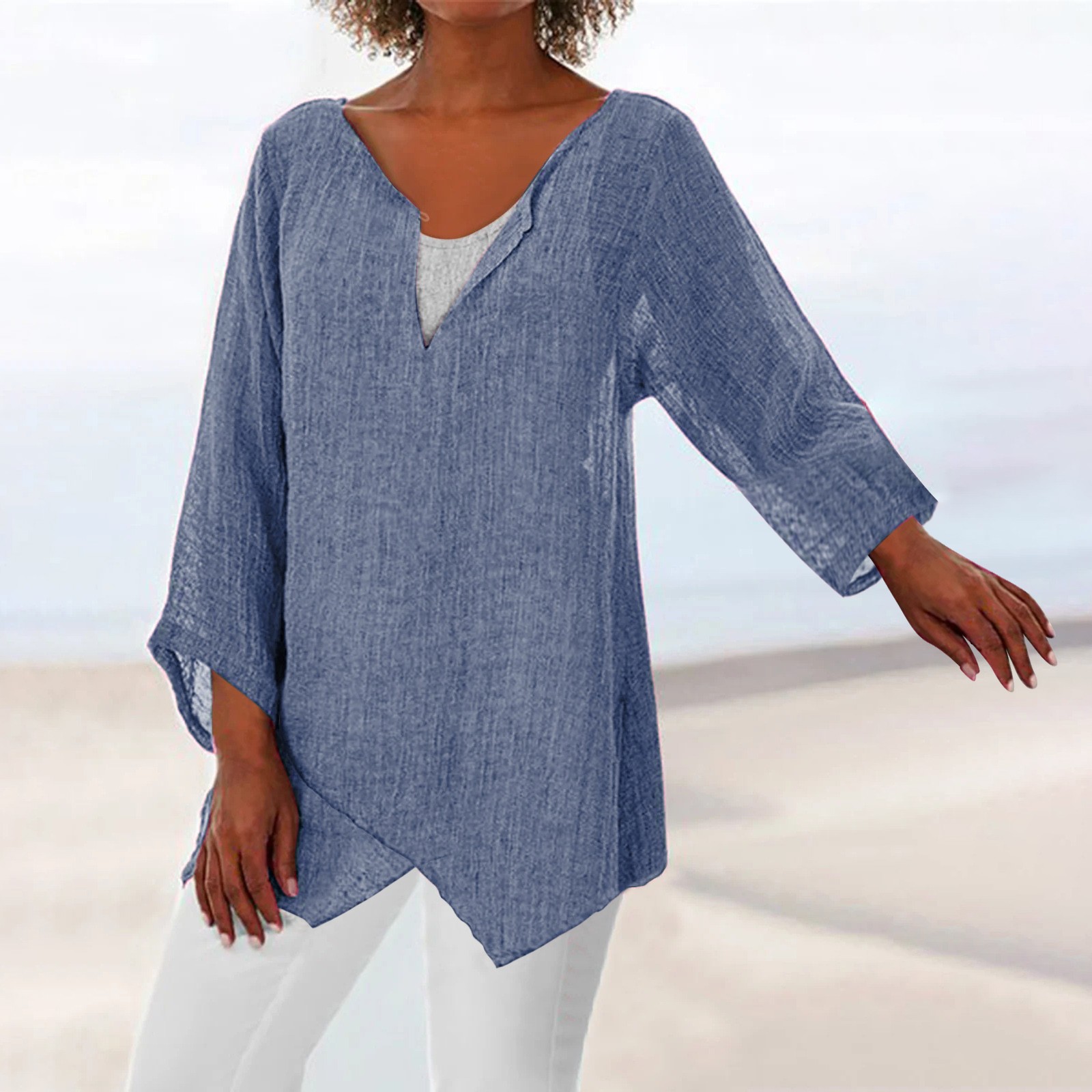 Oversized Cotton Linen V Neck Long Sleeve Tunic Relaxed Top Blouses