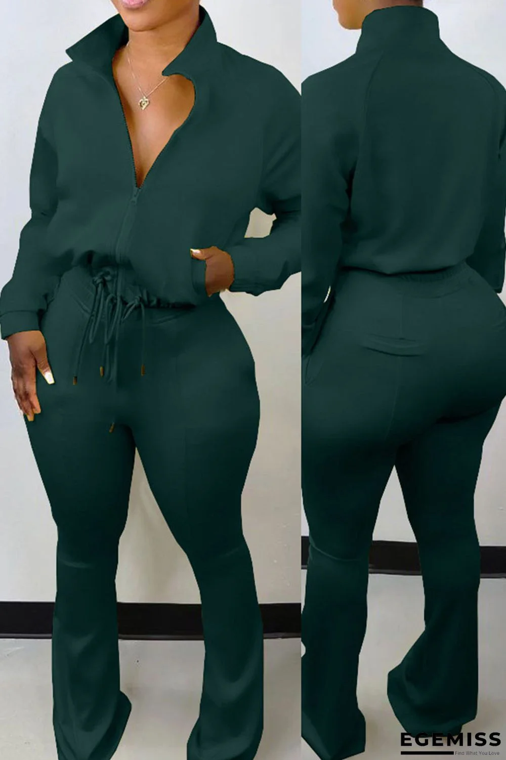 Ink Green Casual Solid Patchwork Draw String Zipper Long Sleeve Two Pieces | EGEMISS