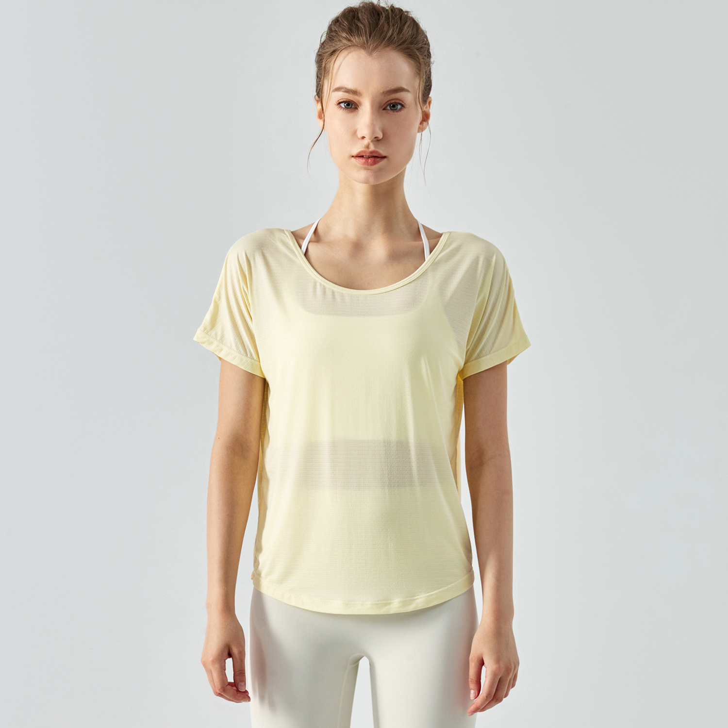 Hergymclothing Buttery Yellow see through sports t-shirt hollow out split back round neck short sleeve quick-dry shirts running fitness yoga loose tops for sale