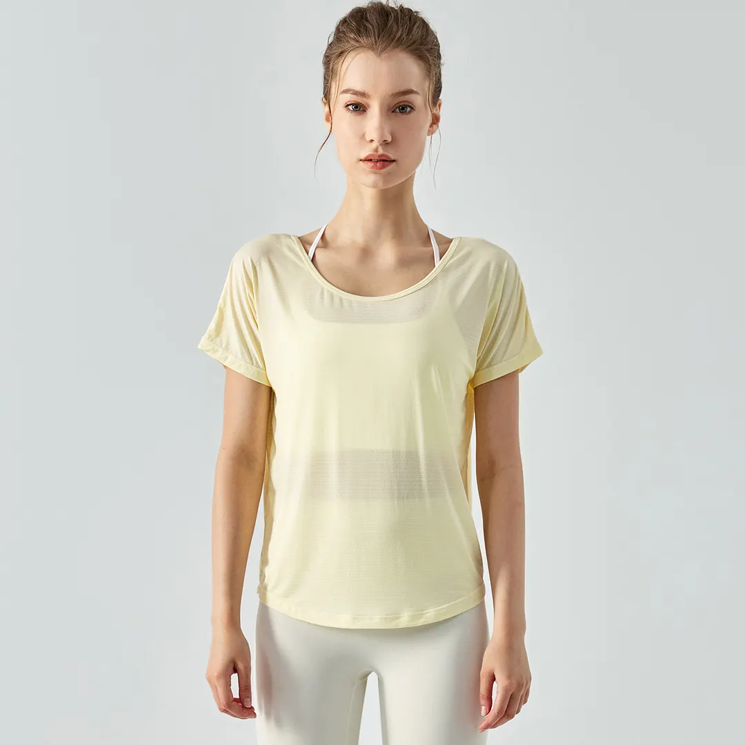 Hergymclothing Buttery Yellow see through sports t-shirt hollow out split back round neck short sleeve quick-dry shirts running fitness yoga loose tops for sale