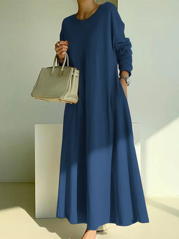 Simple Loose 3 Colors Round-Neck Long Sleeves Midi Dress