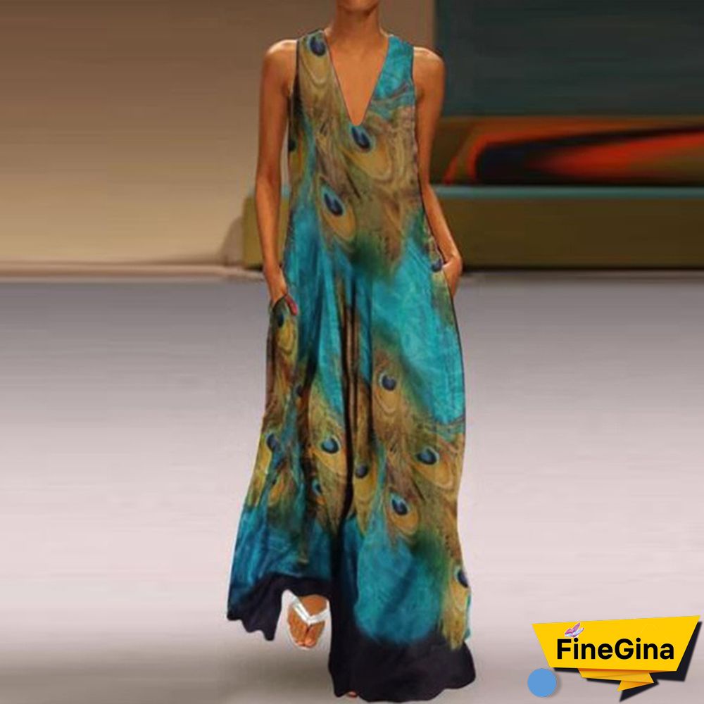 New S-5XL Fashion Flare Swing Maxi Dress Sleeveless Peacock Print Maxi Dresses Summer Bohemian Dresses