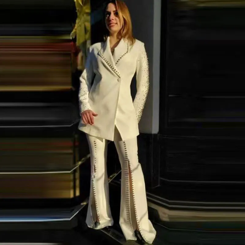 Nigikala Nigikala New Fashion Heavy Industry Nails Studded Suit Jacket Open Fork Trousers Set Two Sets