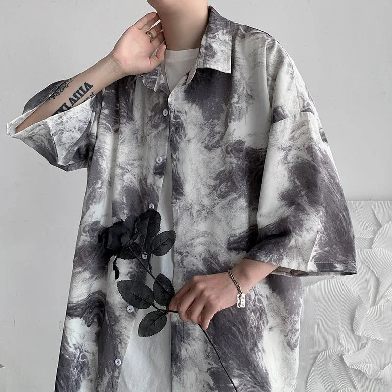 Aonga Summer Tie Dyed Men Short Sleeve Shirts Harajuku Loose Man Graffiti Slit Shirts Korean Style Three Quarter Male Tops