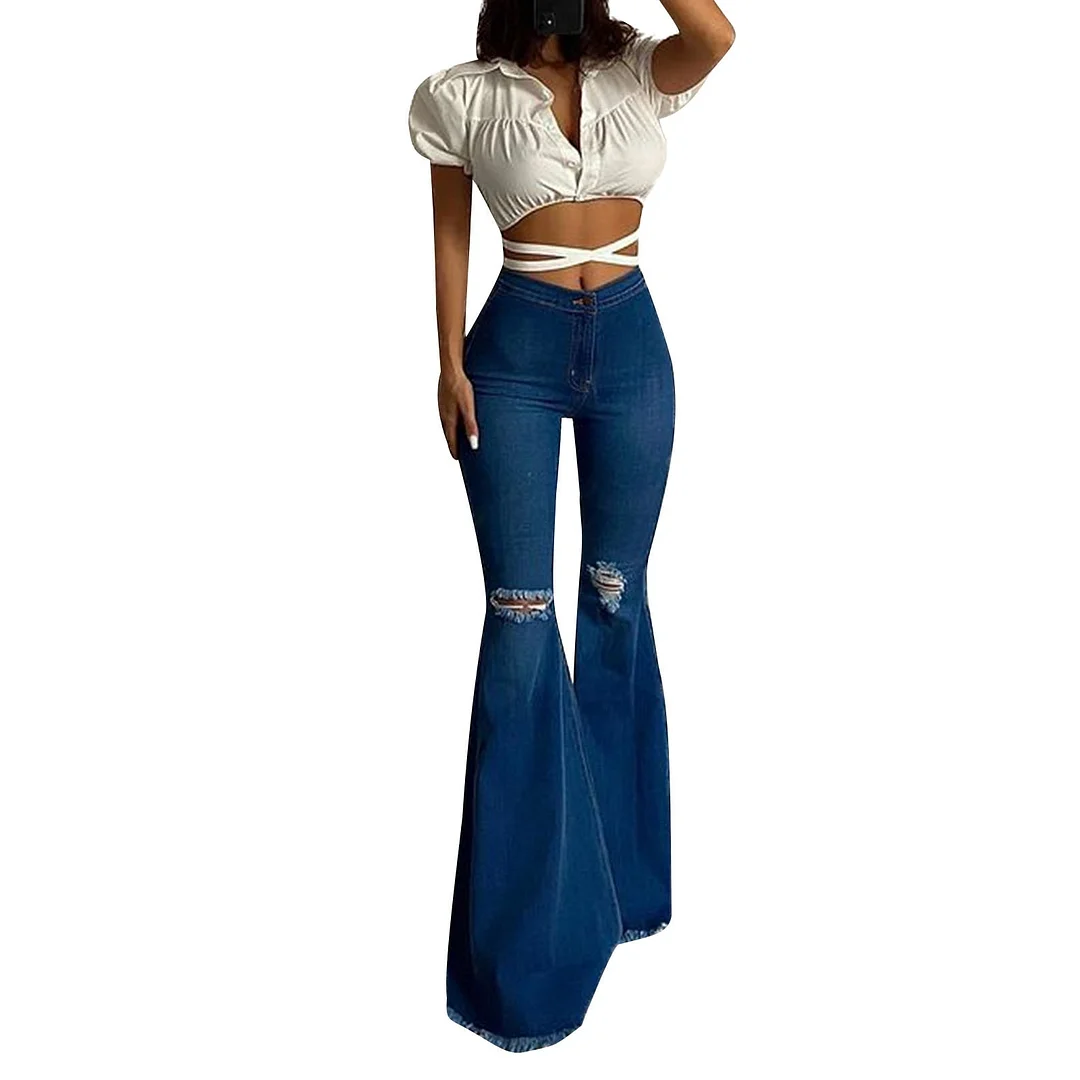 ABEBEY New Women Denim Flared Pants High-waisted Button Holes Ripped Bodycon Bell-Bottoms Trousers Solid Tight Summer Clothing