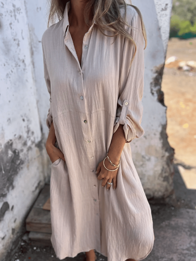 Women'S Casual Lapel Cotton And Linen Shirt Dress 