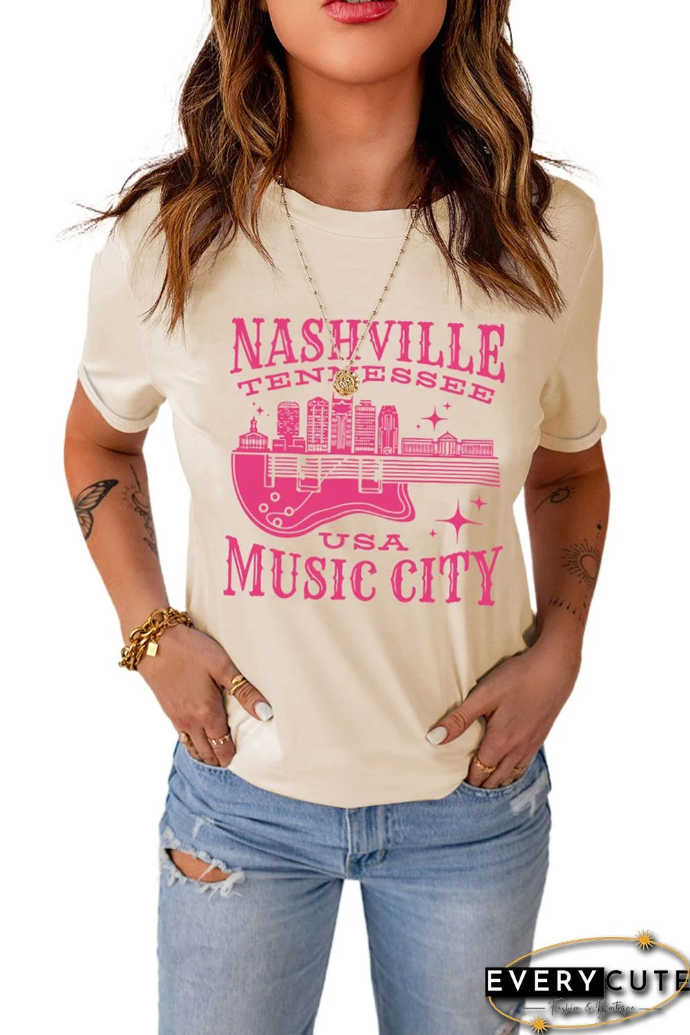 Khaki Nashville Music City Graphic Print Short Sleeve T Shirt