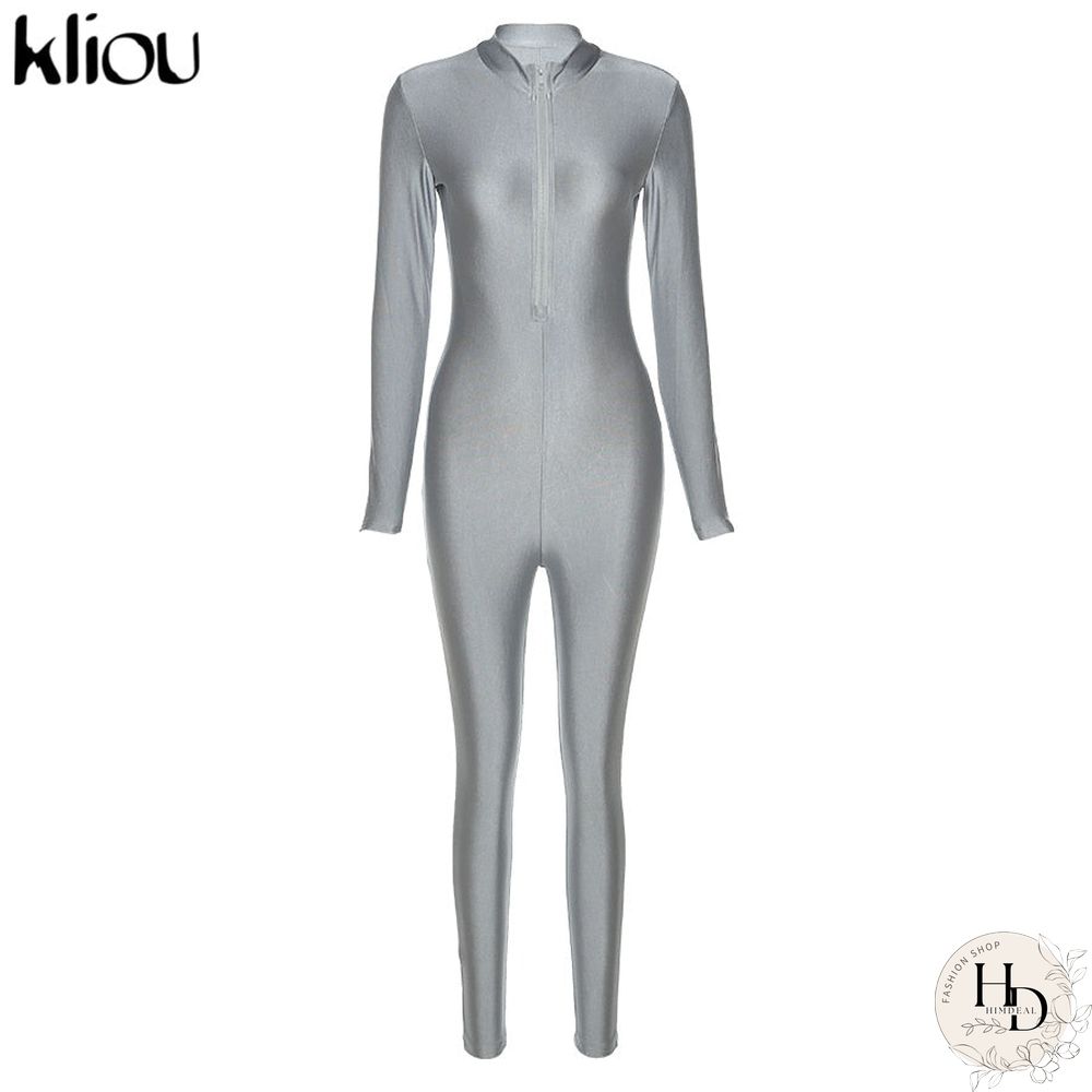 Kliou Zipper Solid Bodycon Womens Jumpsuit New Fashion Streetwear Skinny Long Sleeve One Piece Active Jumpsuits