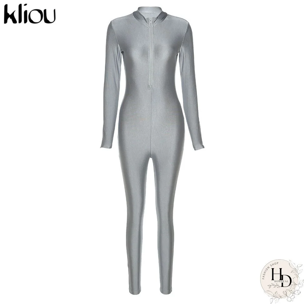 Kliou Zipper Solid Bodycon Womens Jumpsuit New Fashion Streetwear Skinny Long Sleeve One Piece Active Jumpsuits
