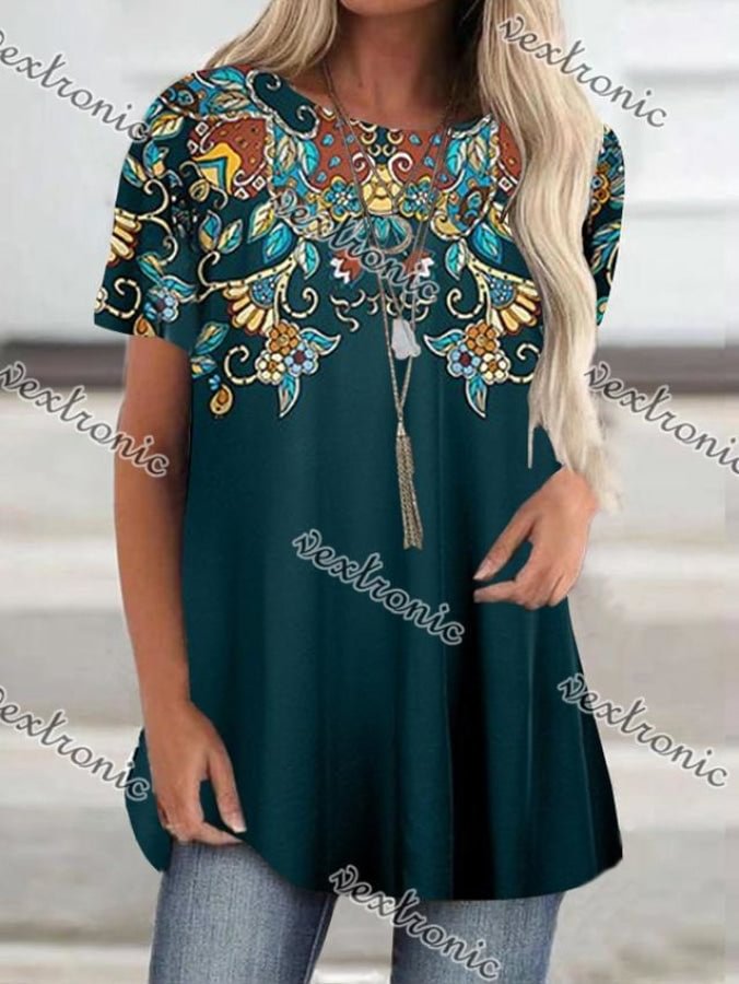 Women Casual Short Sleeve Scoop Neck Casual Floral Printed Top